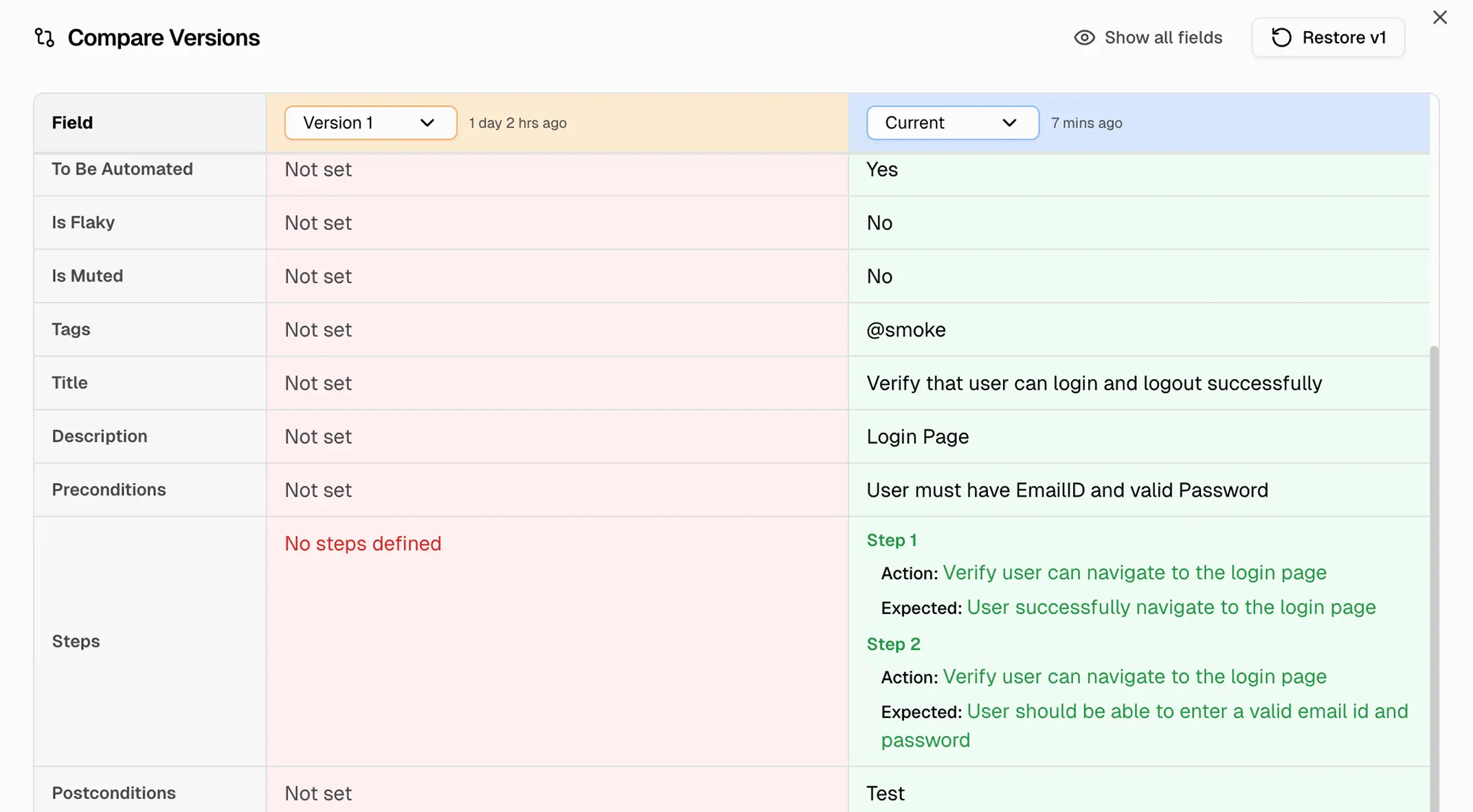 Version history with diff view and restore